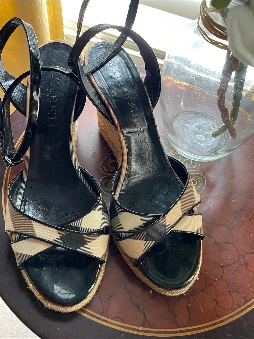 Burberry Beige & Black Check Espadrille Wedge Sandals
